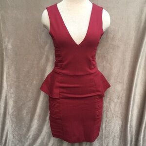 Parker Mini Dress Plunging V Neck Peplum Burgundy Size XS